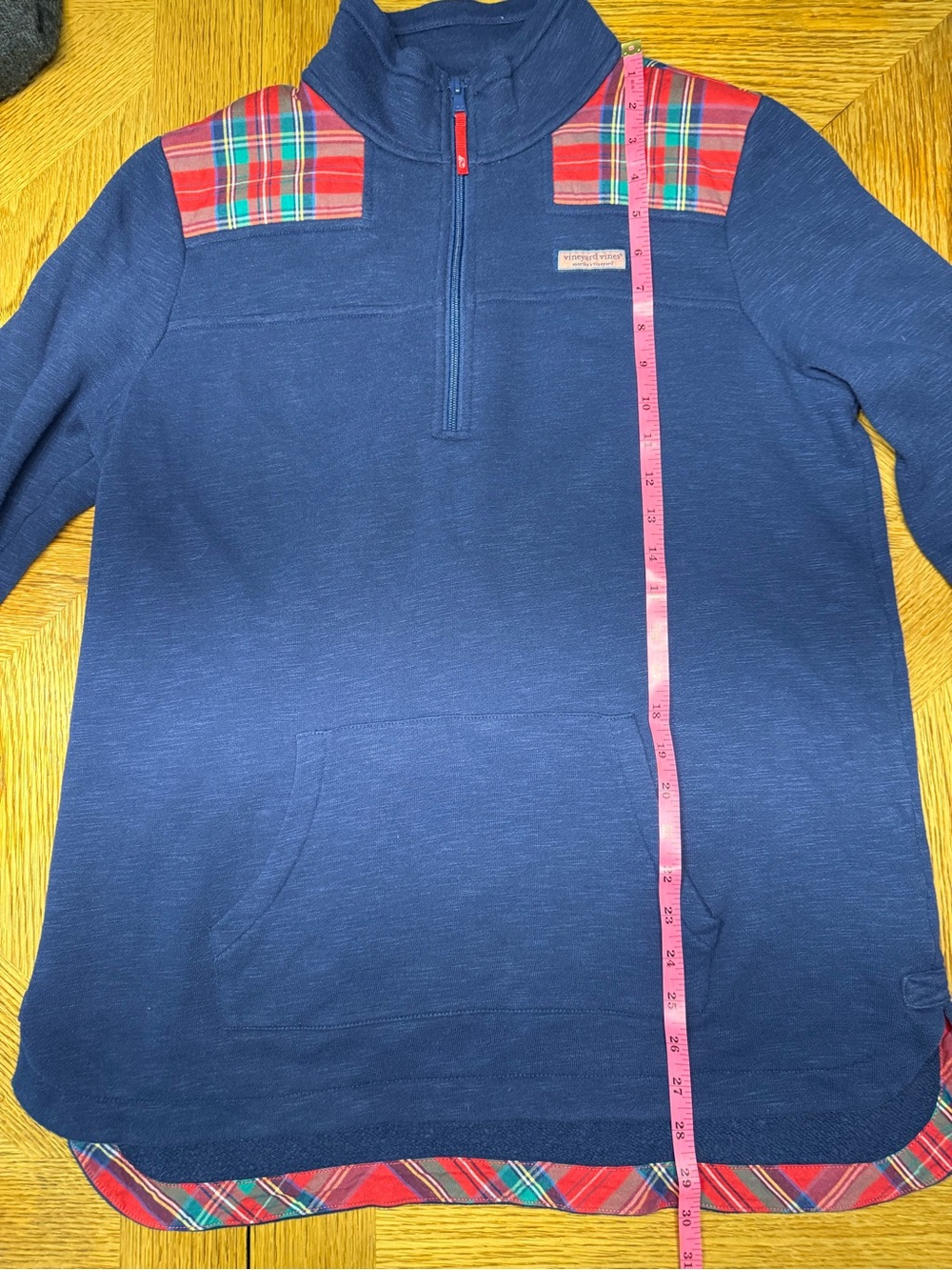 Vineyard Vines Navy Quarter-Zip with Red Plaid Shoulder - Picture 4 of 7